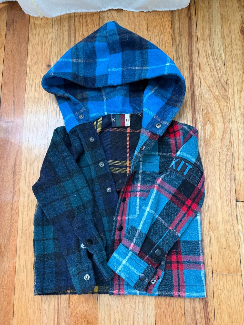 Kith Kids Multi-Plaid Hooded Jacket in Blue, Red, Black